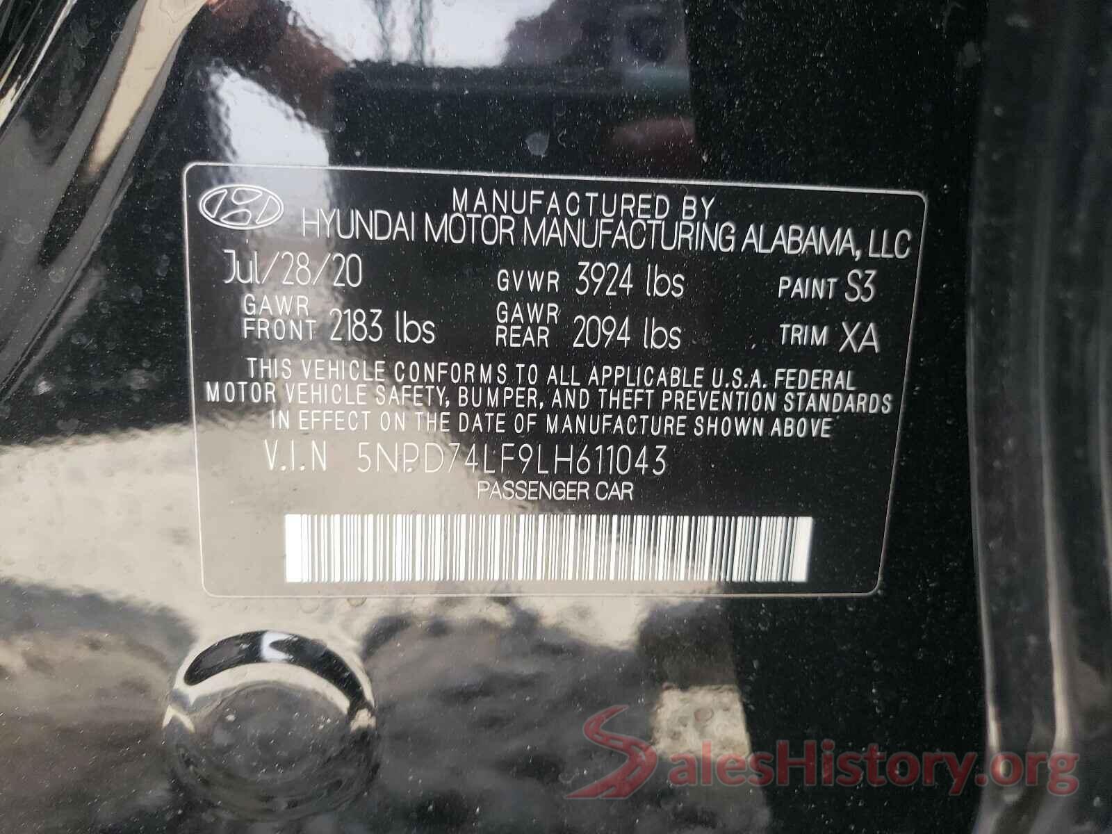 5NPD74LF9LH611043 2020 HYUNDAI ELANTRA