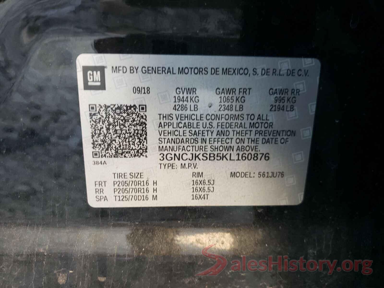 3GNCJKSB5KL160876 2019 CHEVROLET TRAX