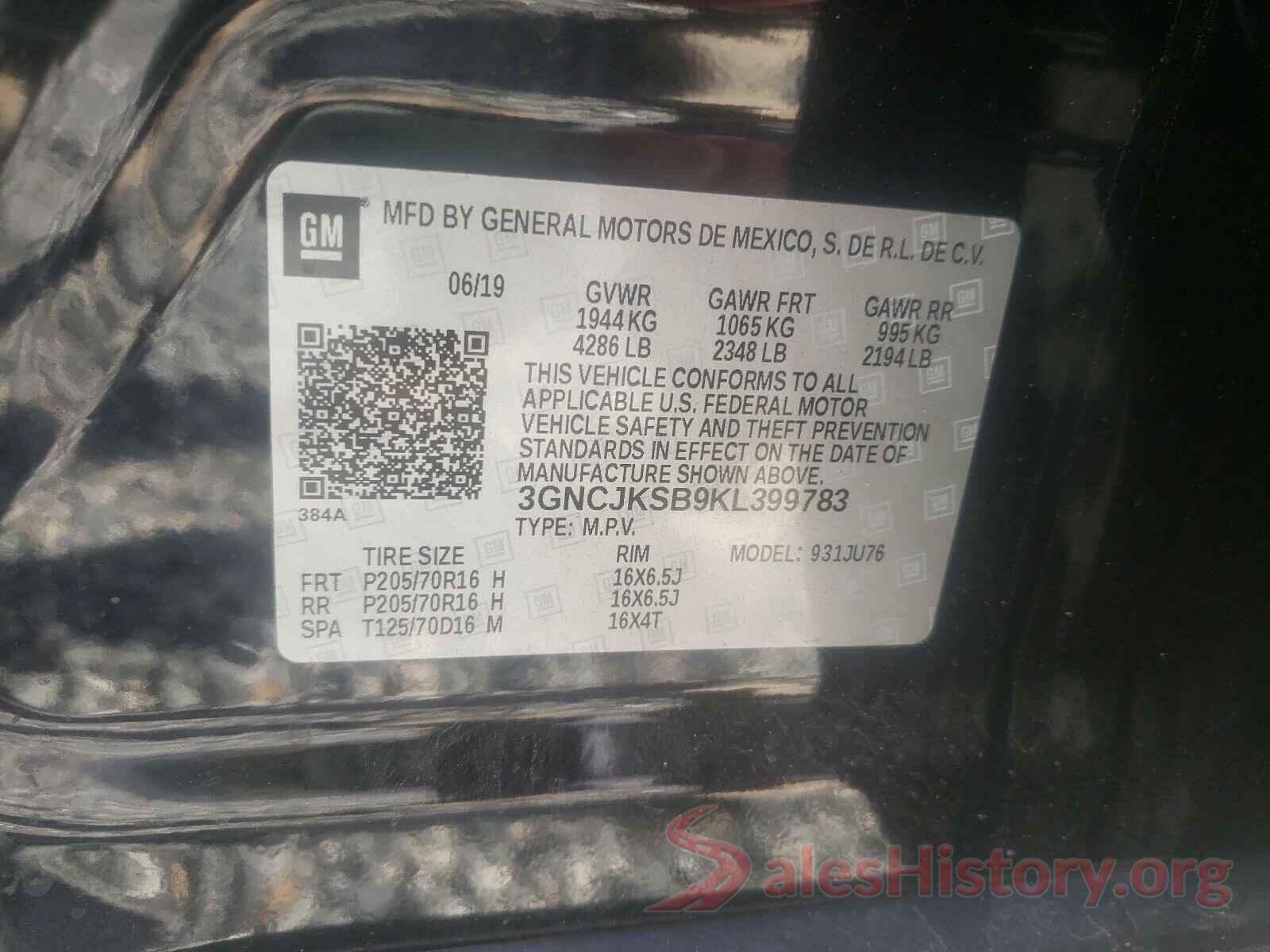 3GNCJKSB9KL399783 2019 CHEVROLET TRAX