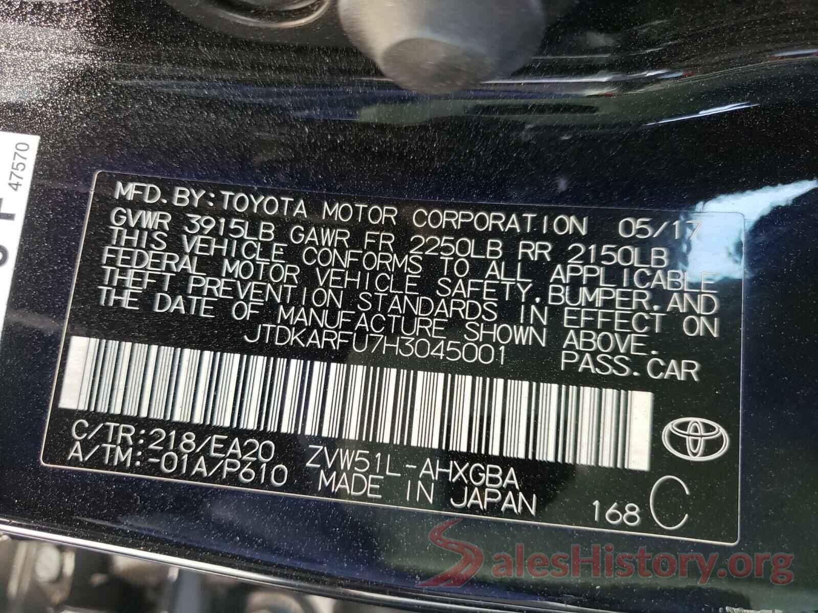 JTDKARFU7H3045001 2017 TOYOTA PRIUS