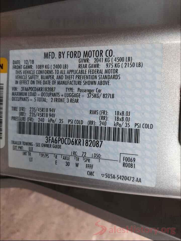 3FA6P0CD6KR182087 2019 FORD FUSION