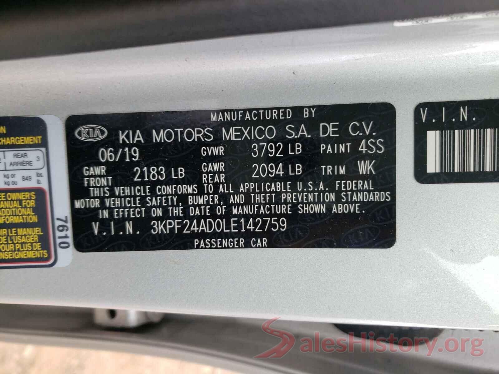 3KPF24AD0LE142759 2020 KIA FORTE