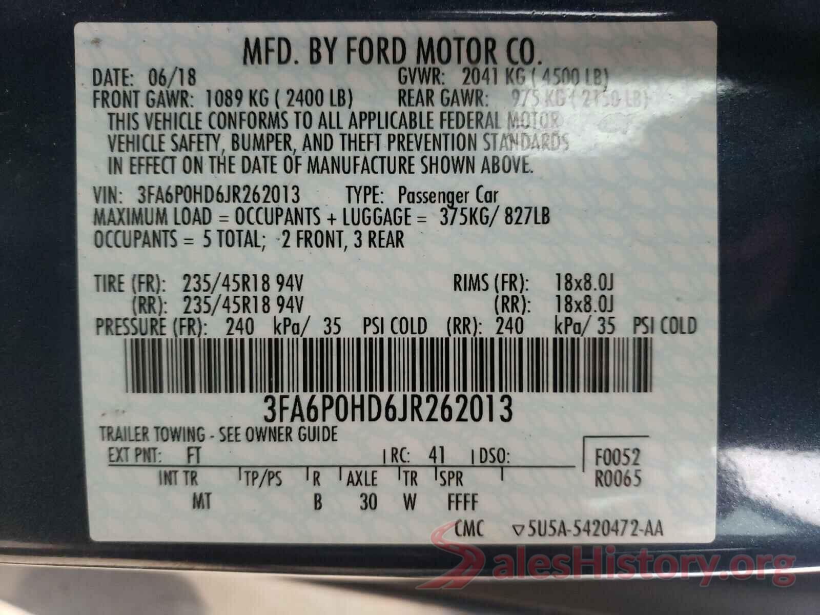 3FA6P0HD6JR262013 2018 FORD FUSION