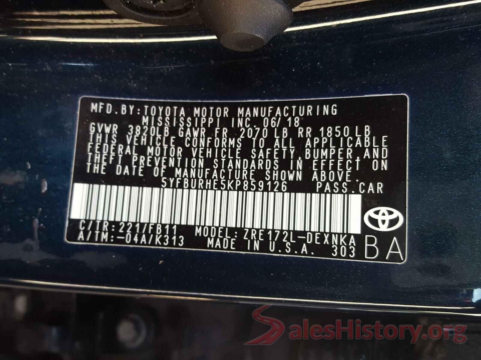 5YFBURHE5KP859126 2019 TOYOTA COROLLA