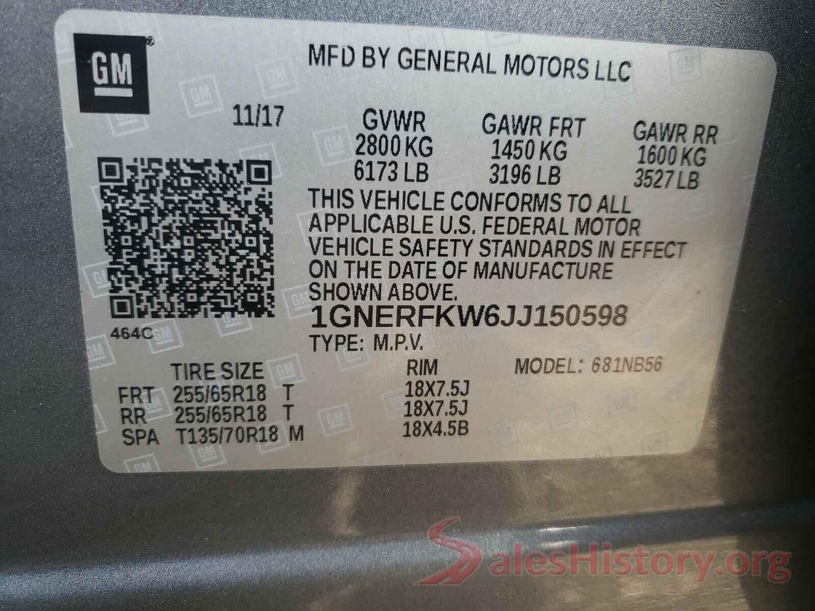 1GNERFKW6JJ150598 2018 CHEVROLET TRAVERSE