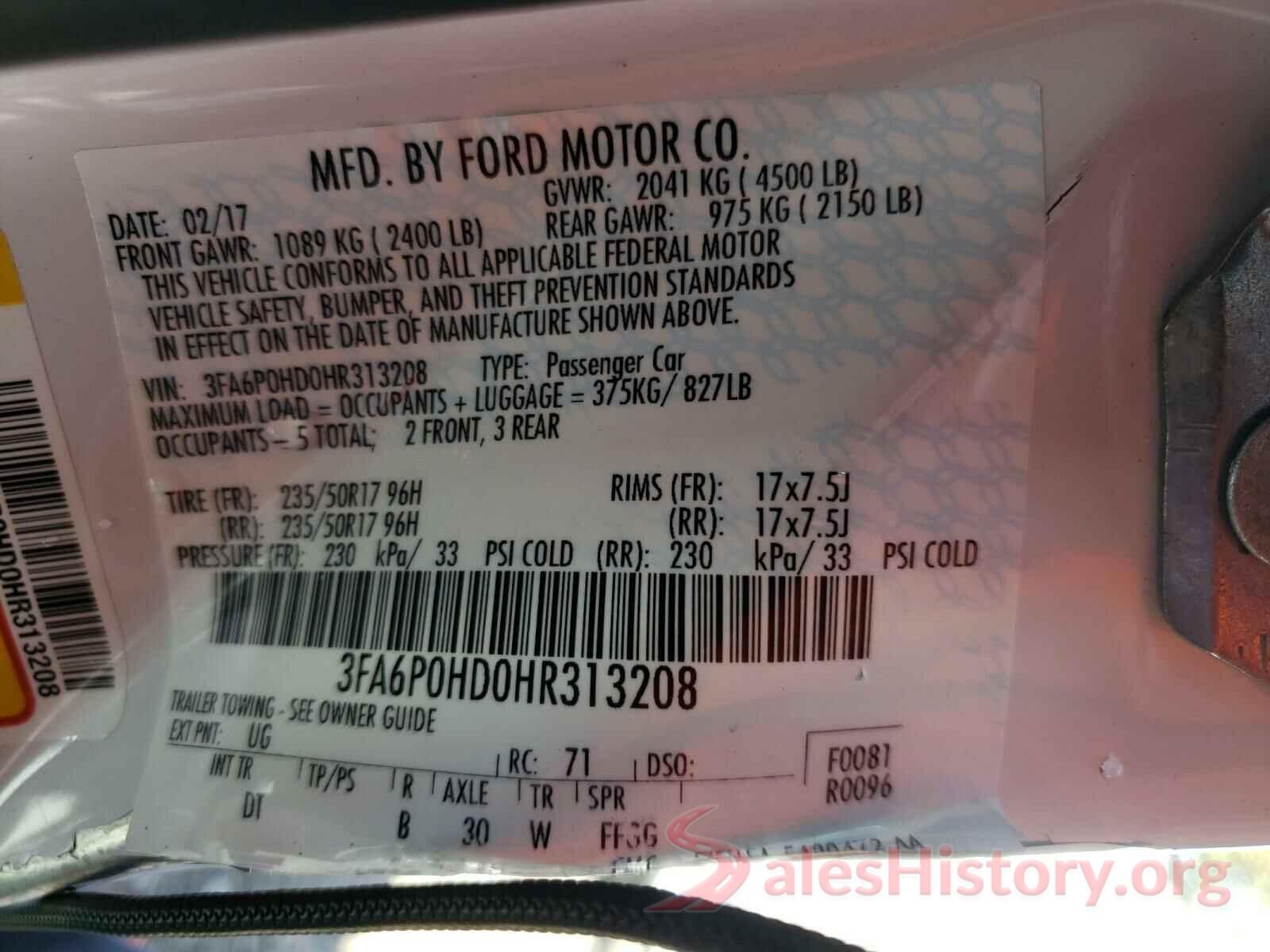 3FA6P0HD0HR313208 2017 FORD FUSION