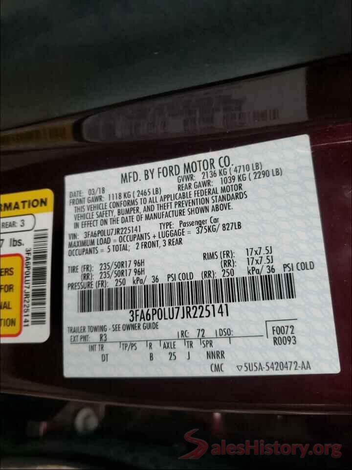 3FA6P0LU7JR225141 2018 FORD FUSION