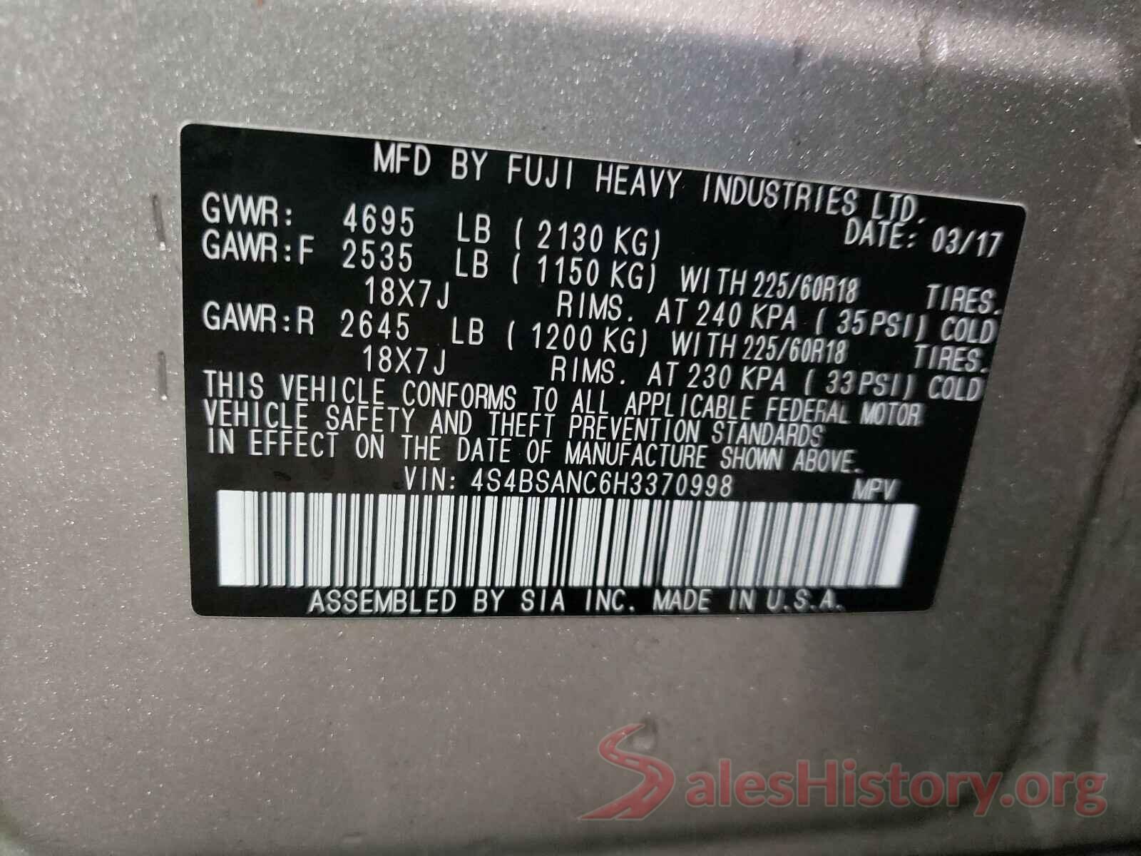 4S4BSANC6H3370998 2017 SUBARU OUTBACK