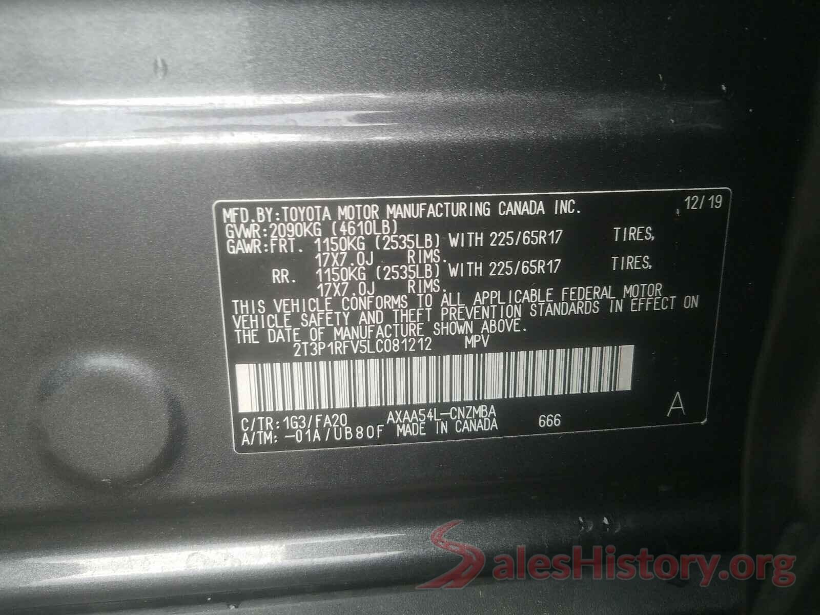 2T3P1RFV5LC081212 2020 TOYOTA RAV4