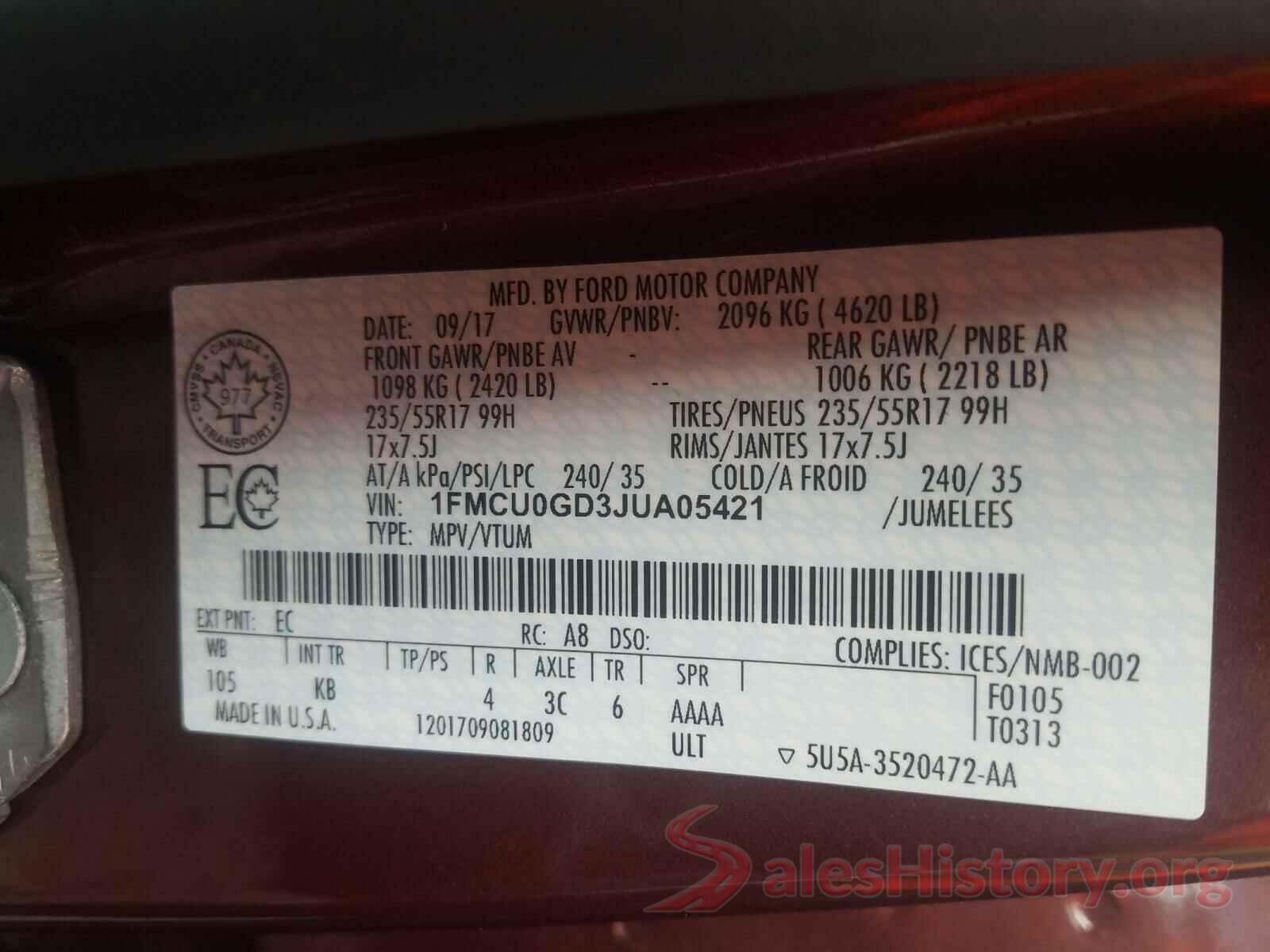 1FMCU0GD3JUA05421 2018 FORD ESCAPE