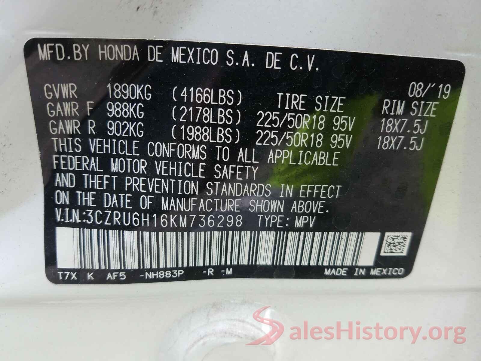 3CZRU6H16KM736298 2019 HONDA HR-V