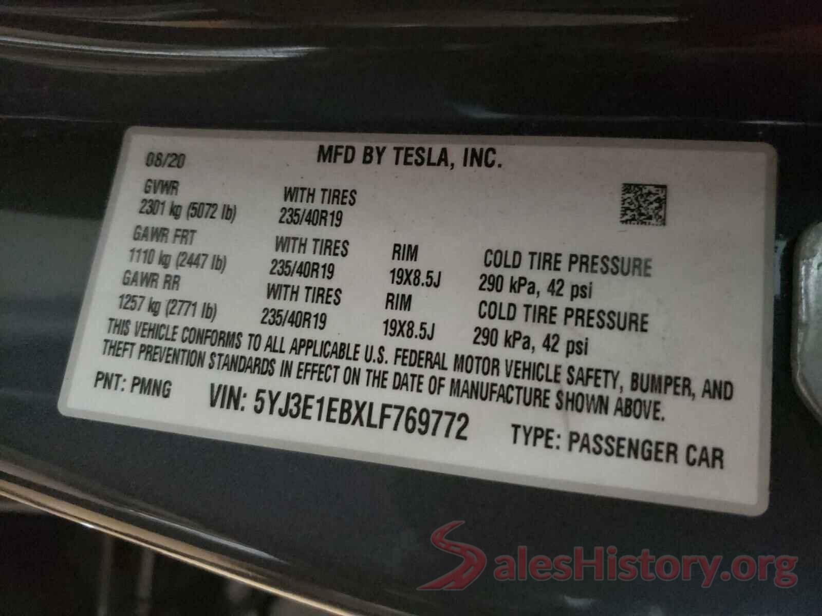 5YJ3E1EBXLF769772 2020 TESLA MODEL 3