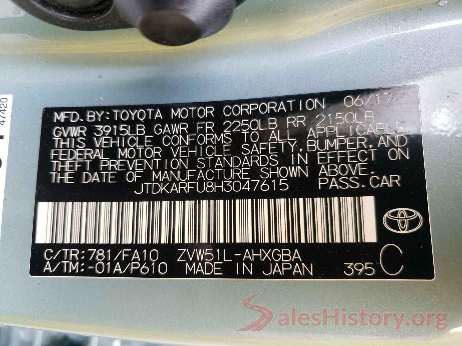 JTDKARFU8H3047615 2017 TOYOTA PRIUS