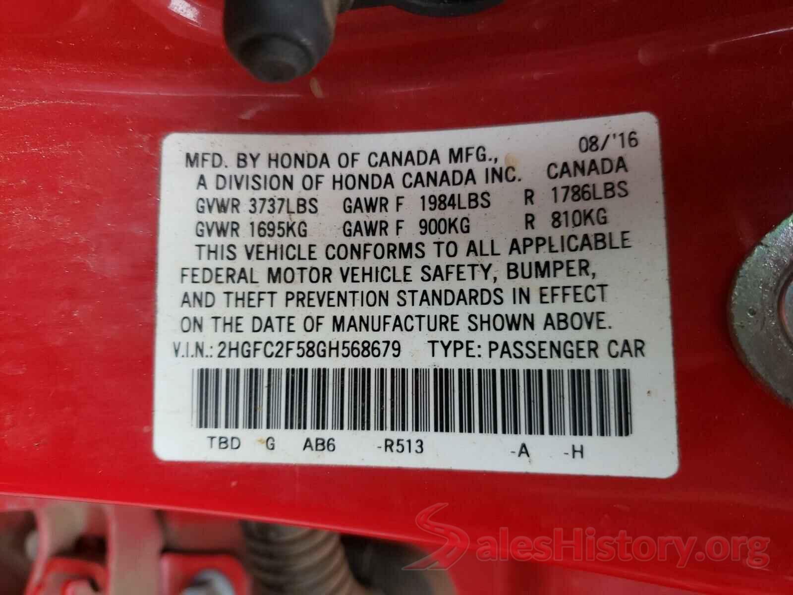 2HGFC2F58GH568679 2016 HONDA CIVIC