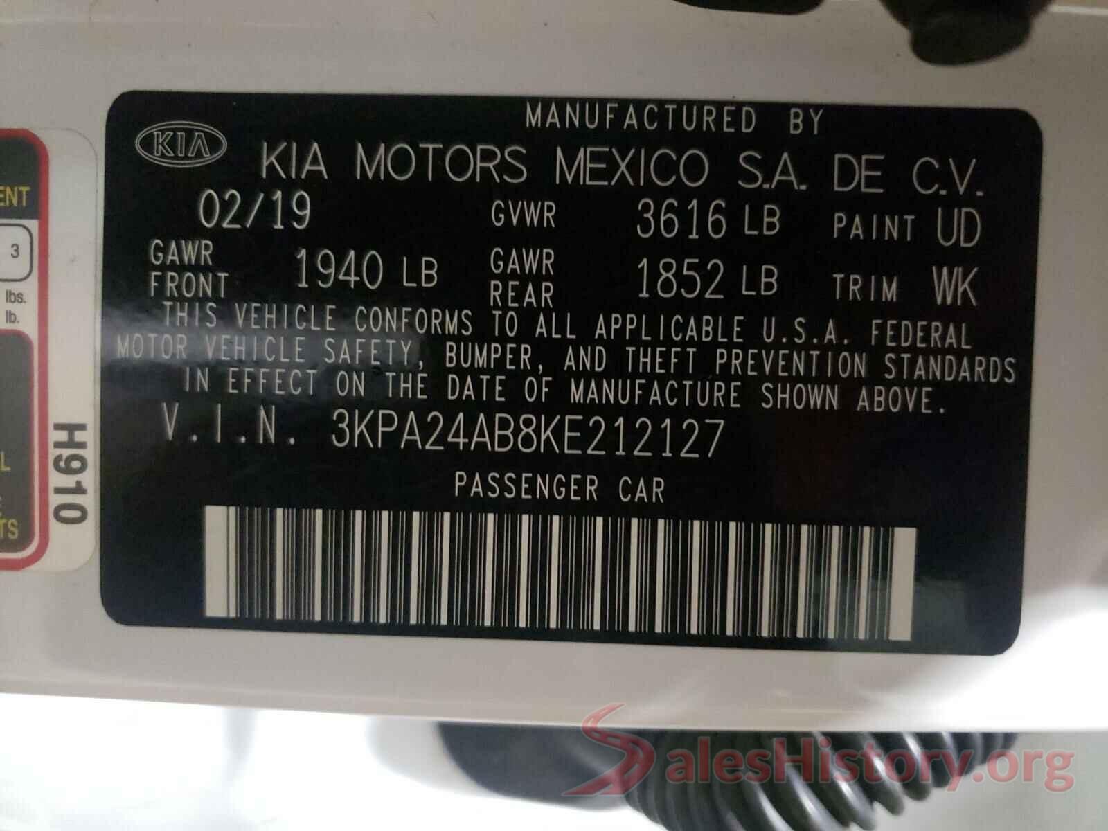 3KPA24AB8KE212127 2019 KIA RIO