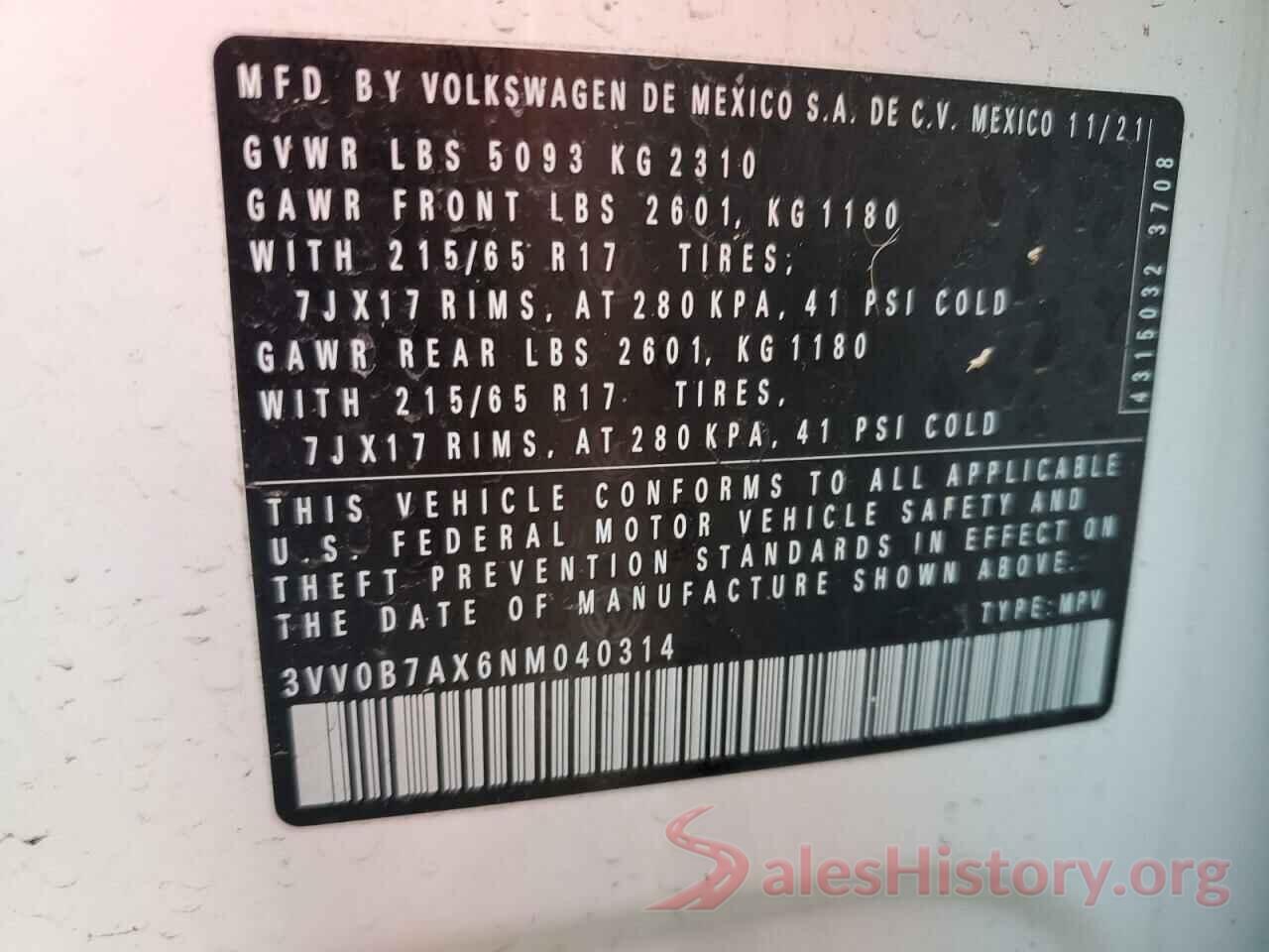 3VV0B7AX6NM040314 2022 VOLKSWAGEN TIGUAN