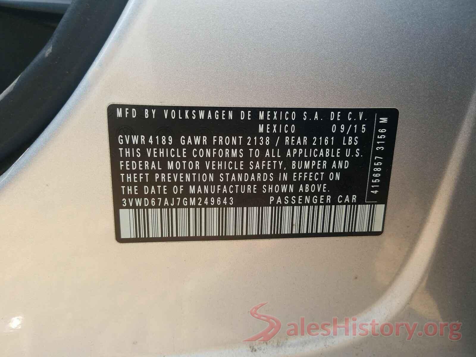 3VWD67AJ7GM249643 2016 VOLKSWAGEN JETTA