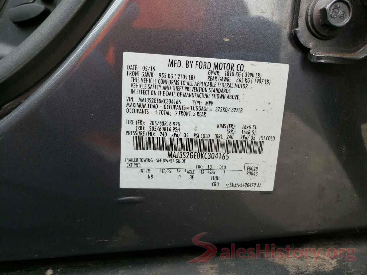 MAJ3S2GE0KC304165 2019 FORD ECOSPORT