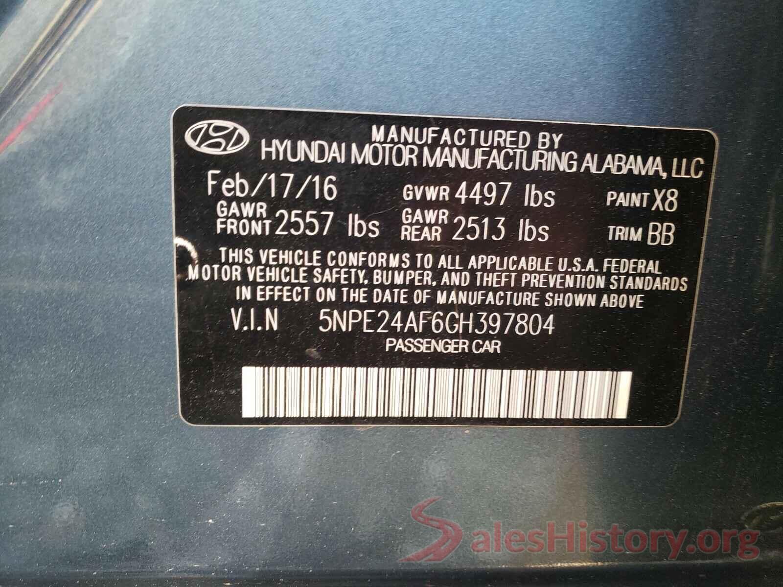 5NPE24AF6GH397804 2016 HYUNDAI SONATA