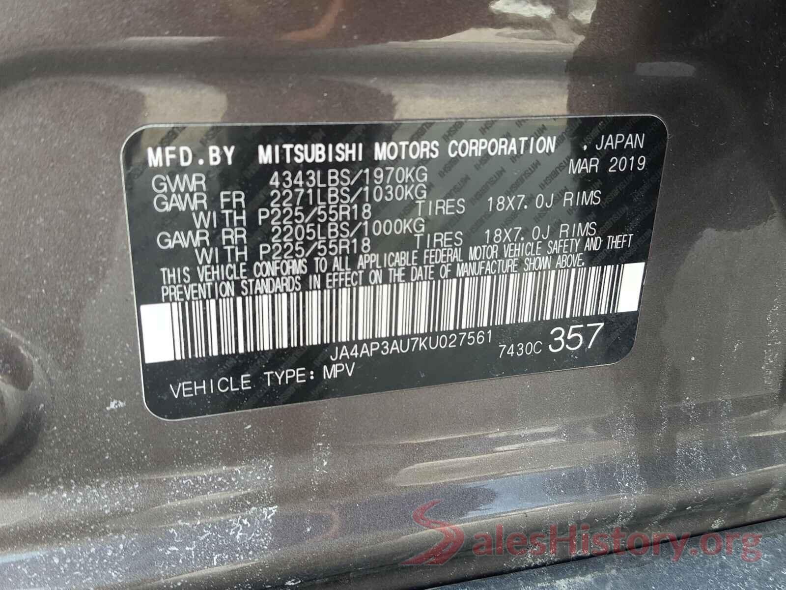 JA4AP3AU7KU027561 2019 MITSUBISHI OUTLANDER