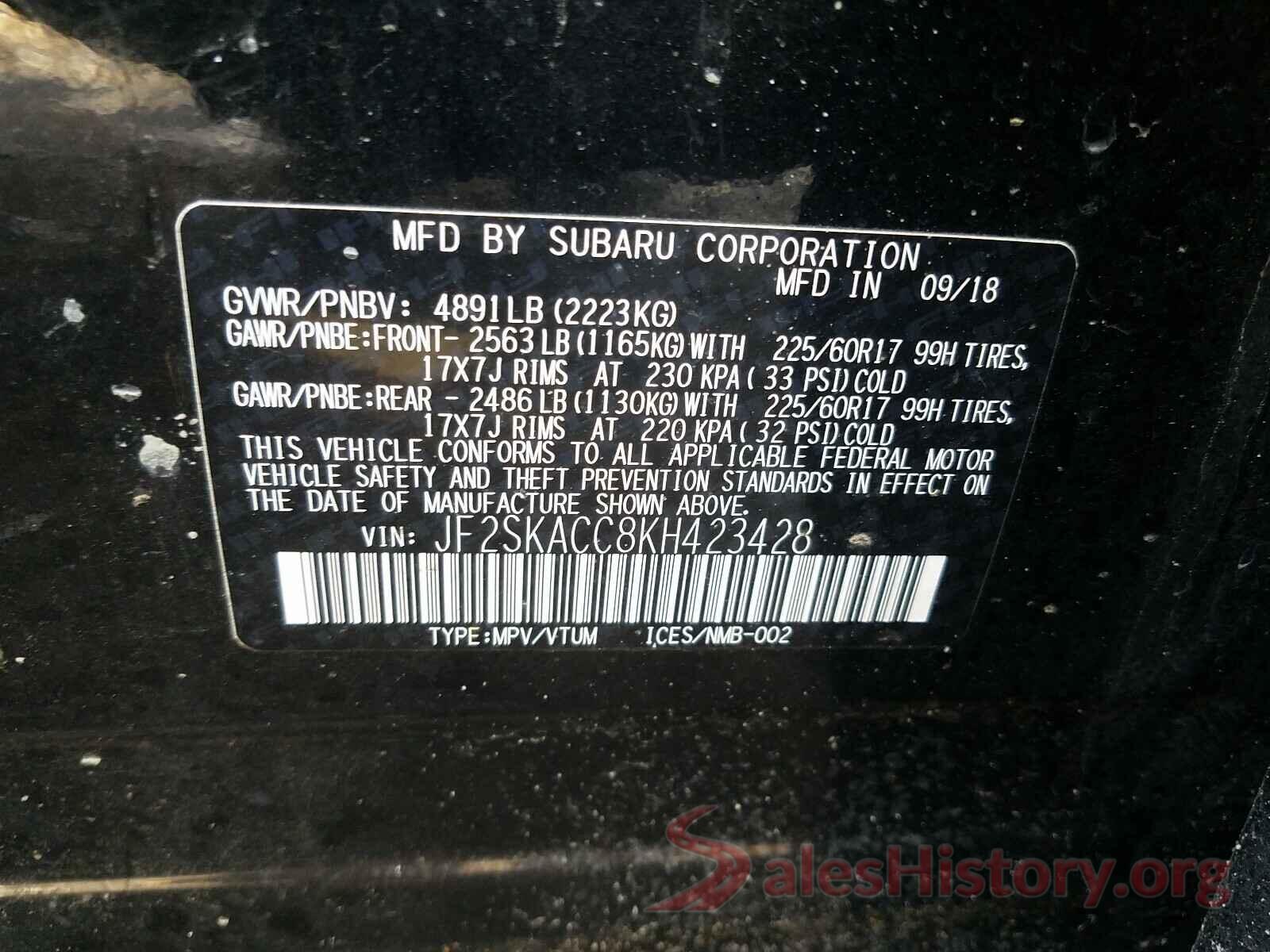 JF2SKACC8KH423428 2019 SUBARU FORESTER