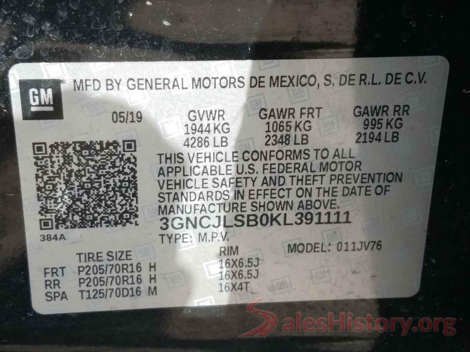 3GNCJLSB0KL391111 2019 CHEVROLET TRAX