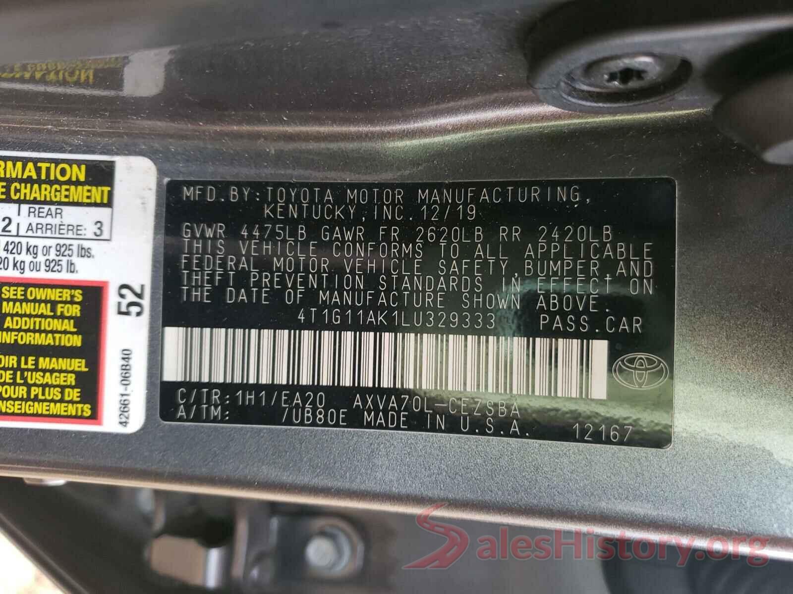 4T1G11AK1LU329333 2020 TOYOTA CAMRY