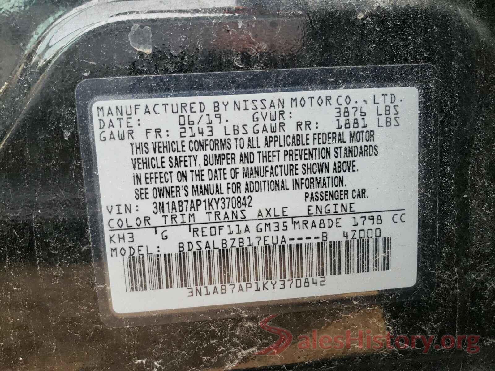 3N1AB7AP1KY370842 2019 NISSAN SENTRA