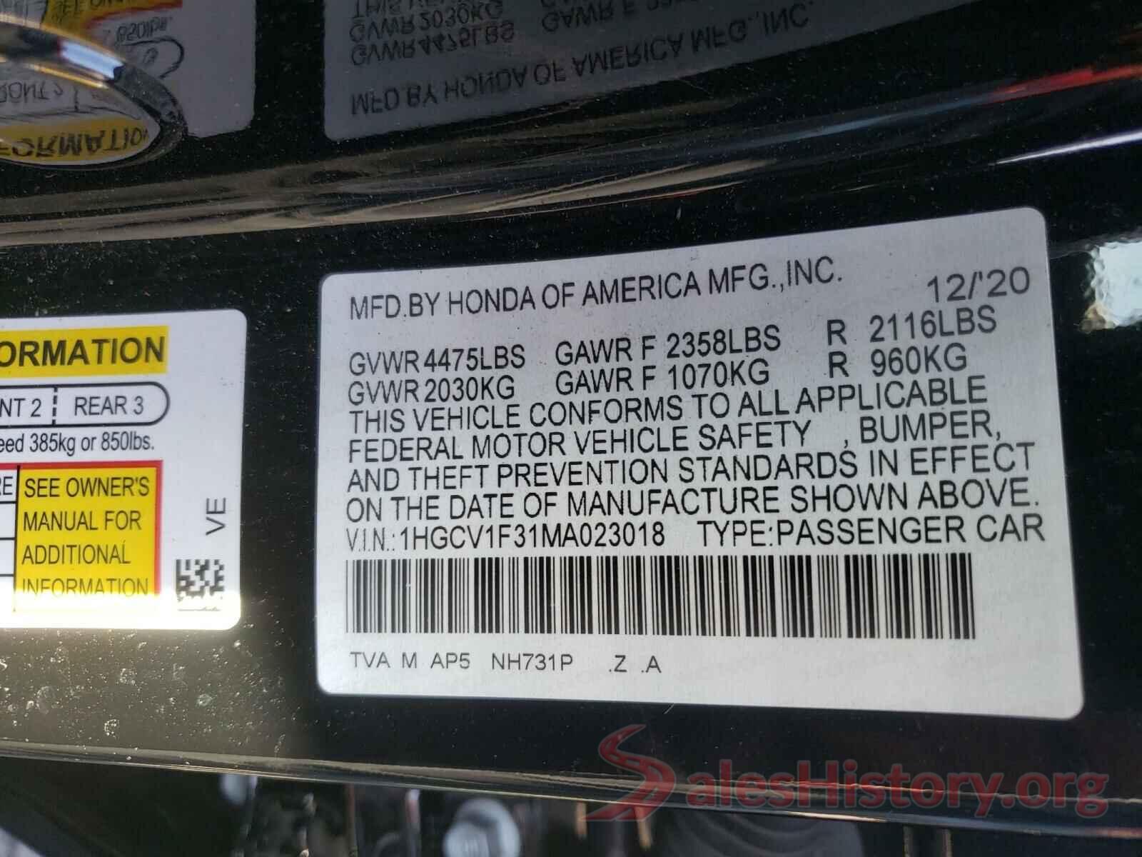 1HGCV1F31MA023018 2021 HONDA ACCORD