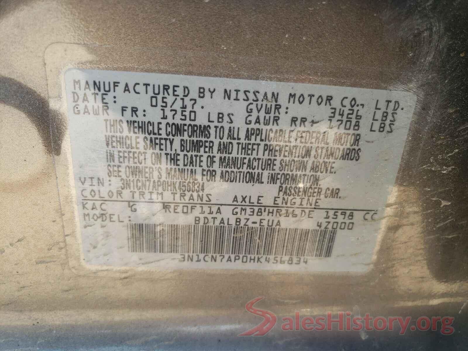 3N1CN7AP0HK456834 2017 NISSAN VERSA