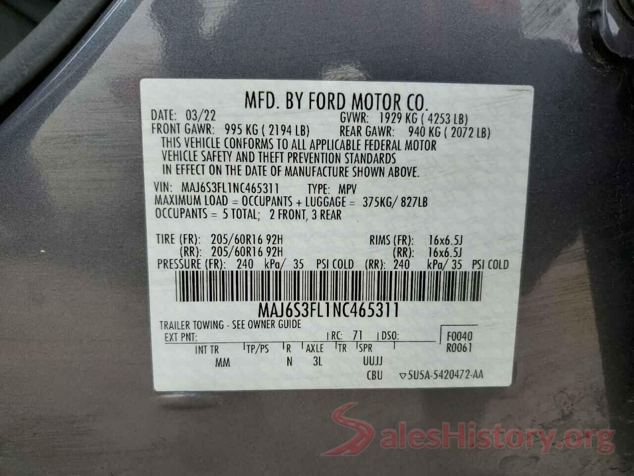 MAJ6S3FL1NC465311 2022 FORD ECOSPORT