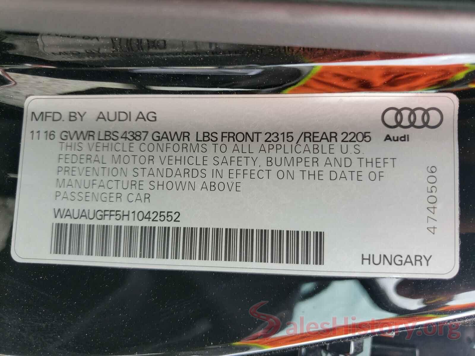 WAUAUGFF5H1042552 2017 AUDI A3