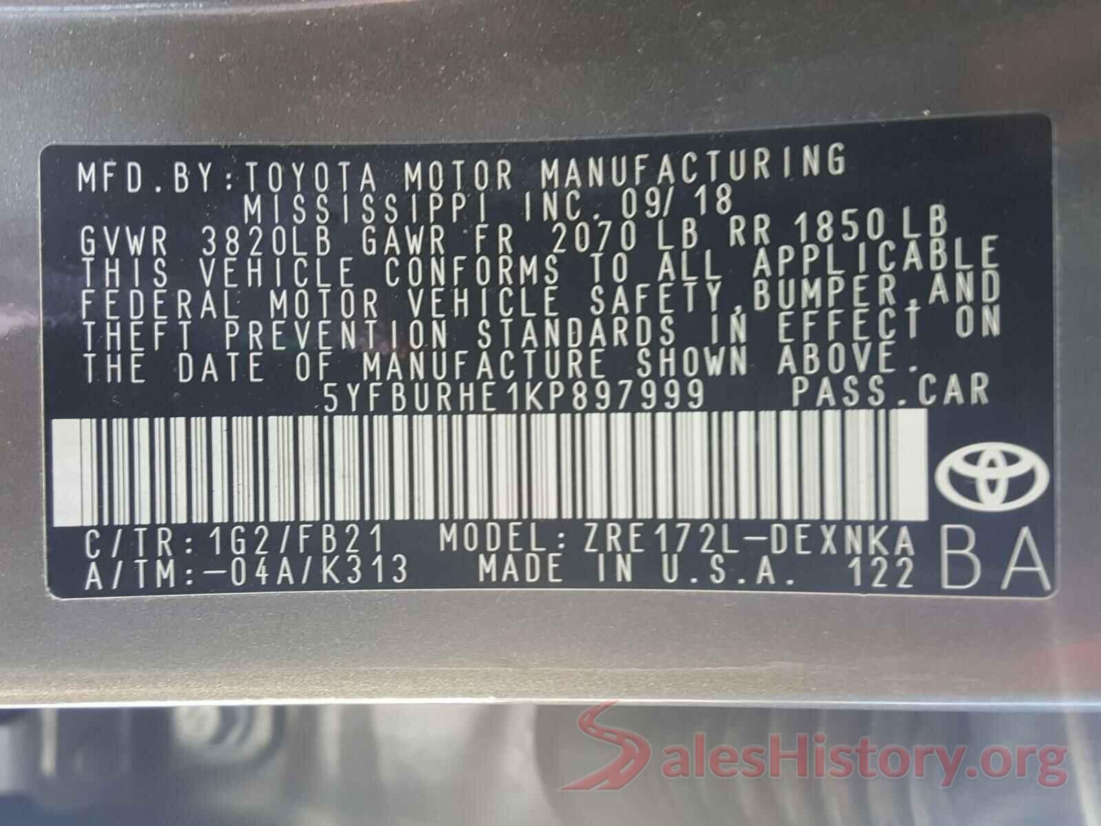 5YFBURHE1KP897999 2019 TOYOTA COROLLA