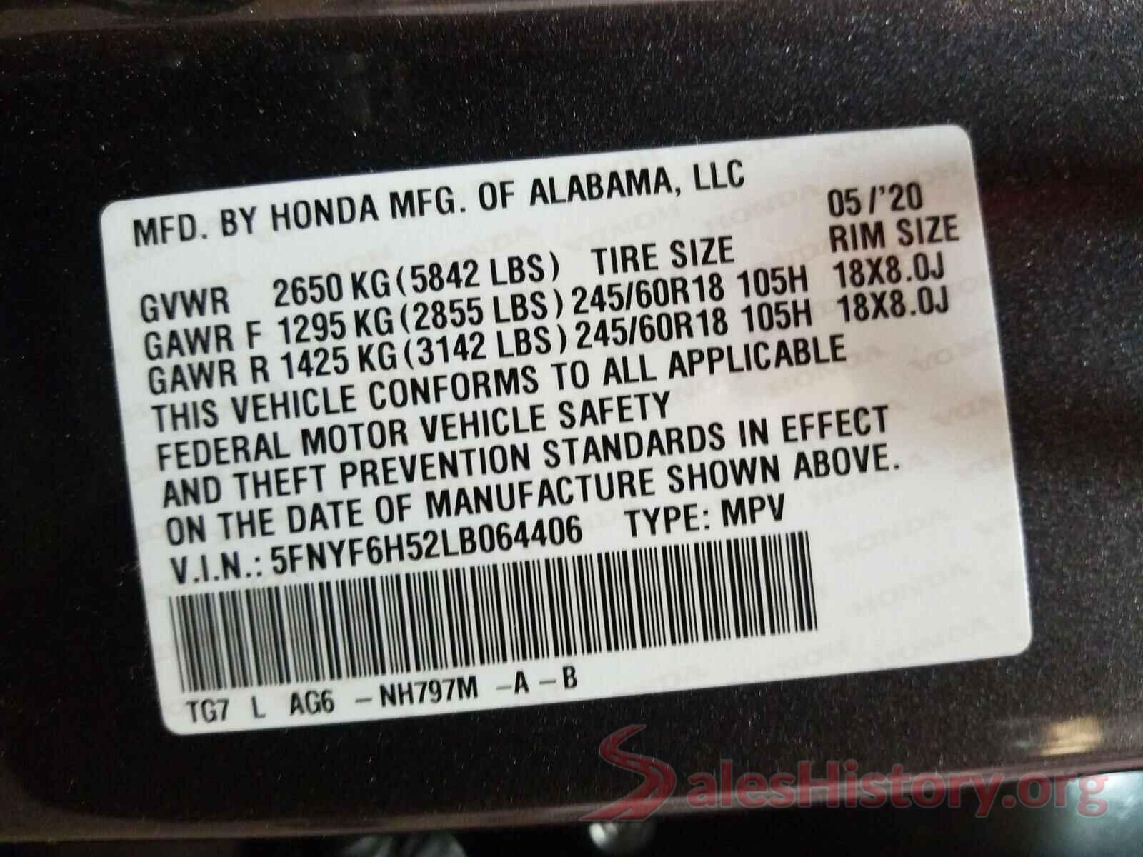 5FNYF6H52LB064406 2020 HONDA PILOT