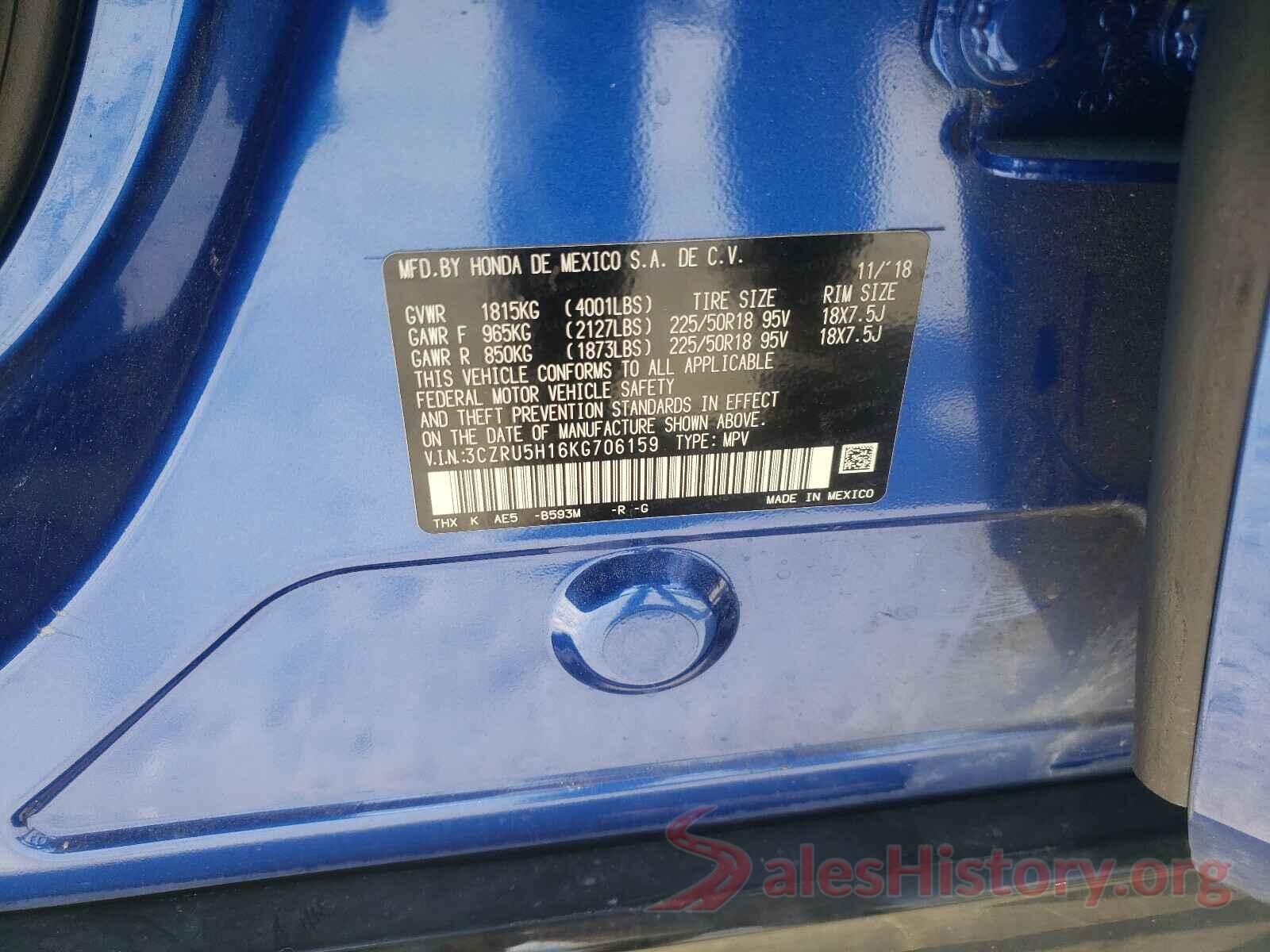 3CZRU5H16KG706159 2019 HONDA HR-V