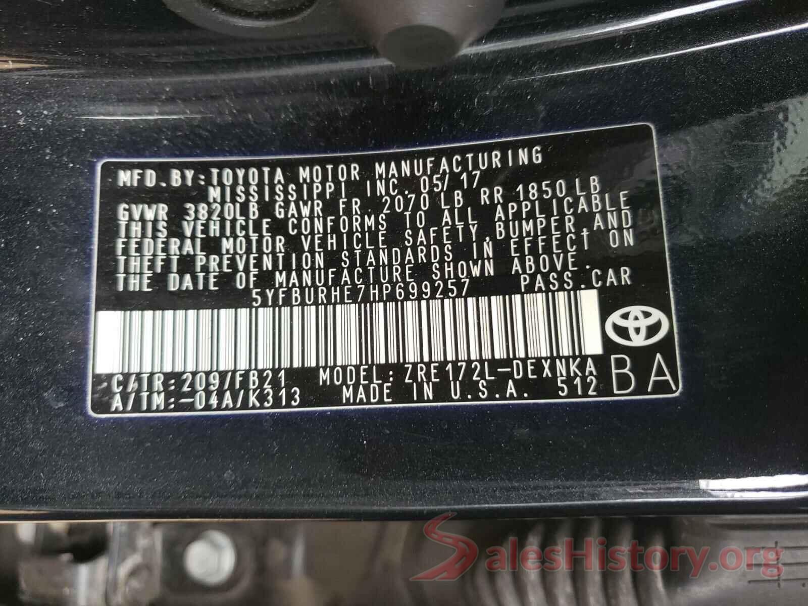 5YFBURHE7HP699257 2017 TOYOTA COROLLA