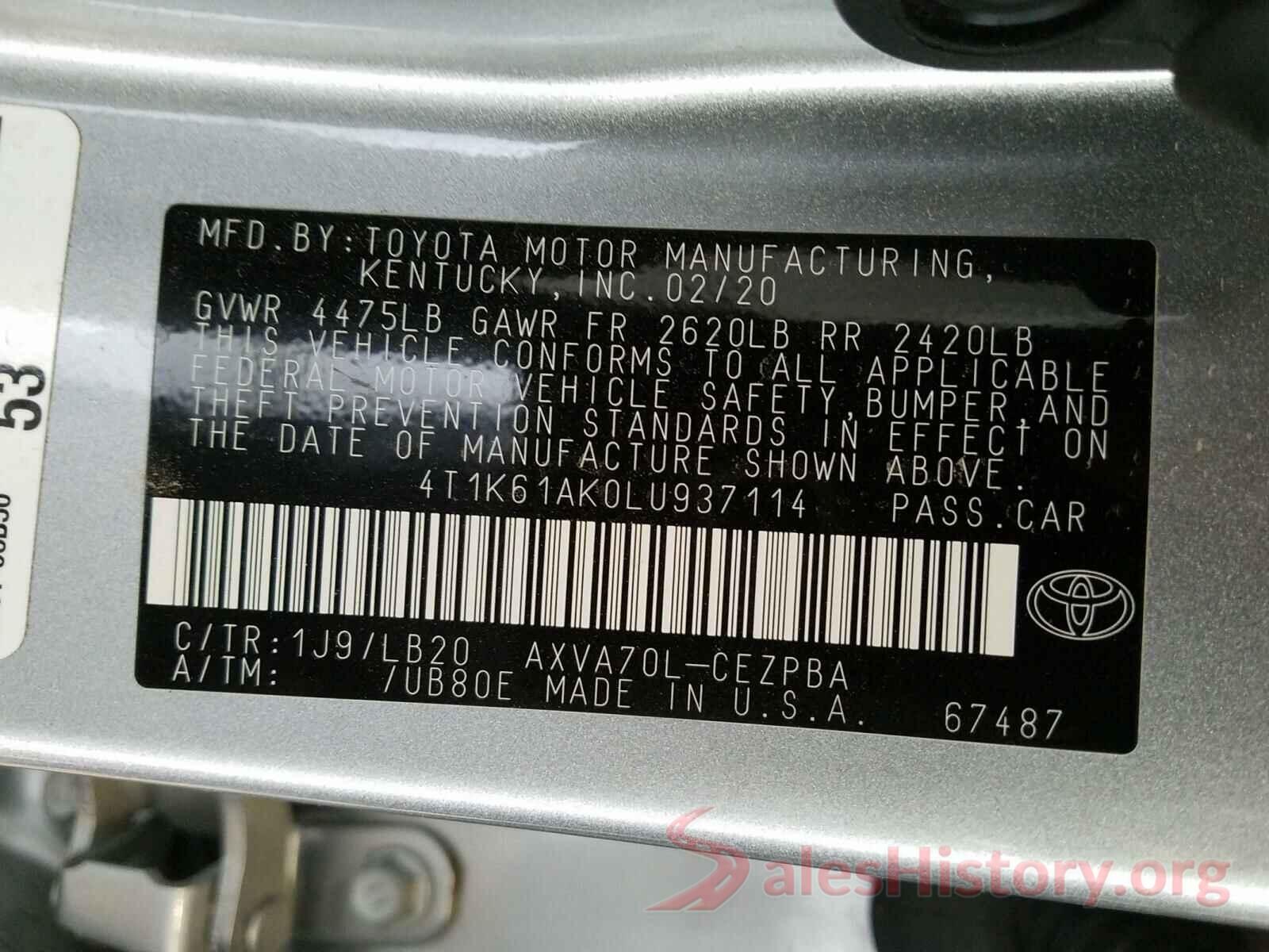 4T1K61AK0LU937114 2020 TOYOTA CAMRY