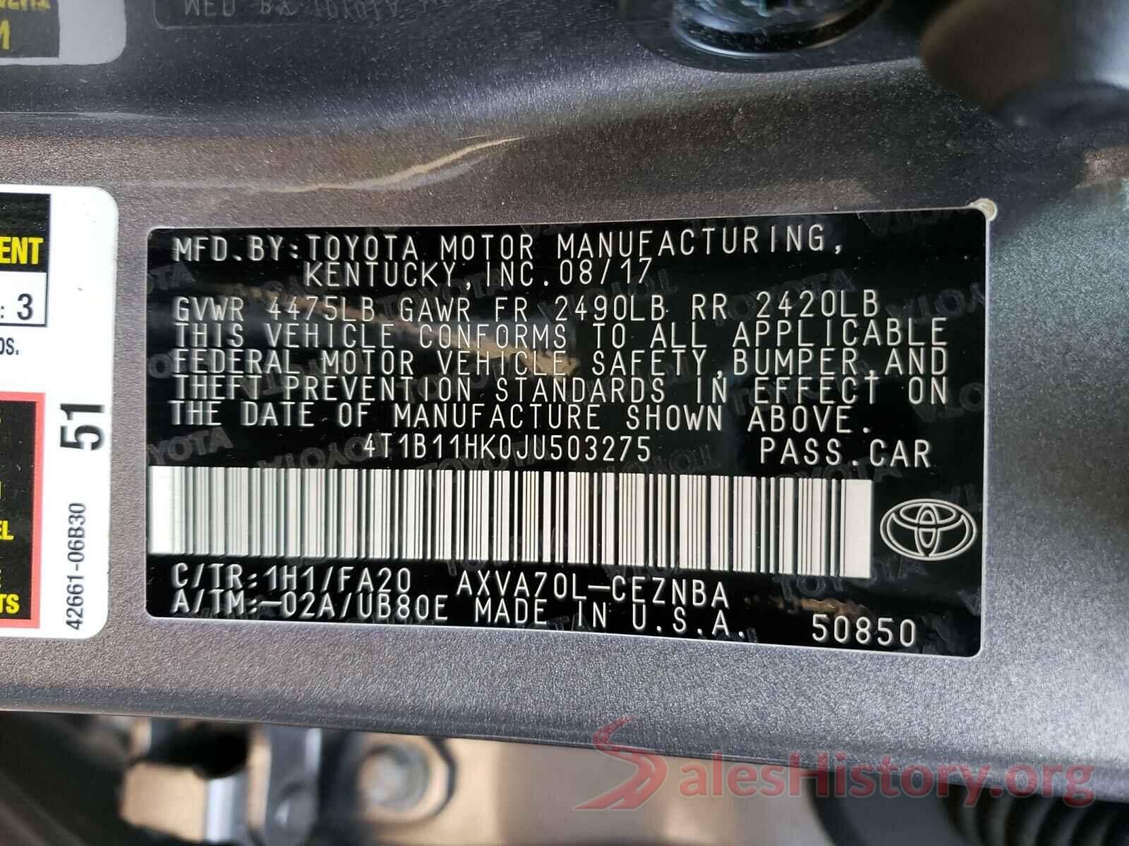 4T1B11HK0JU503275 2018 TOYOTA CAMRY