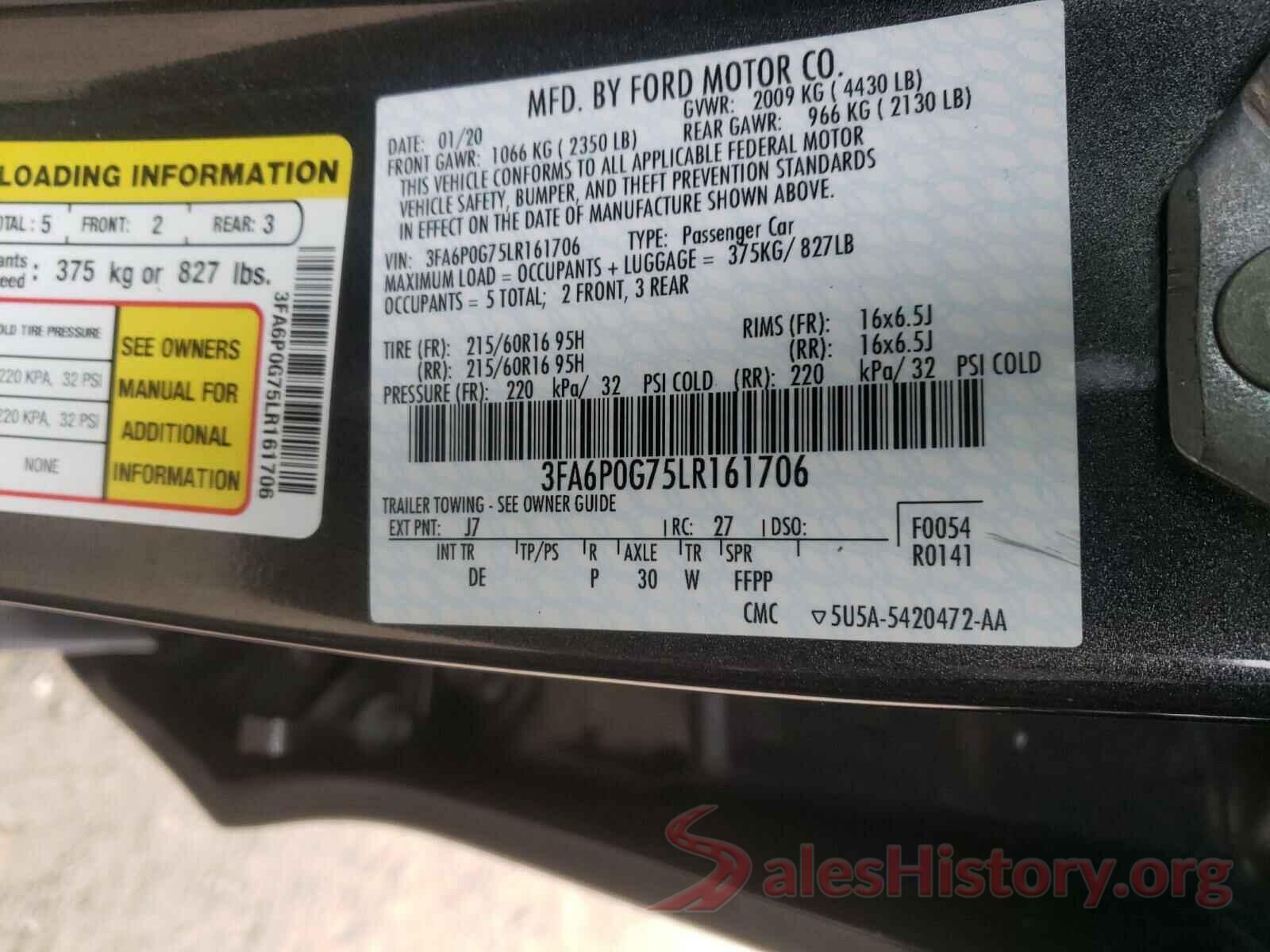 3FA6P0G75LR161706 2020 FORD FUSION