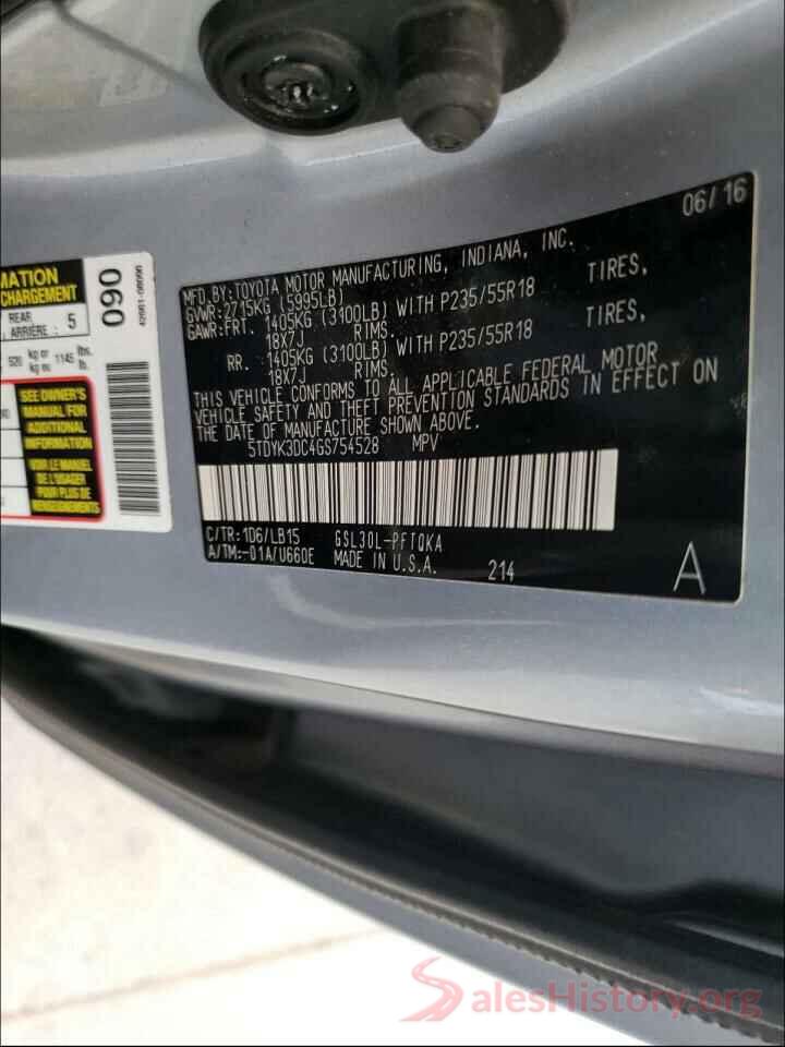 5TDYK3DC4GS754528 2016 TOYOTA SIENNA