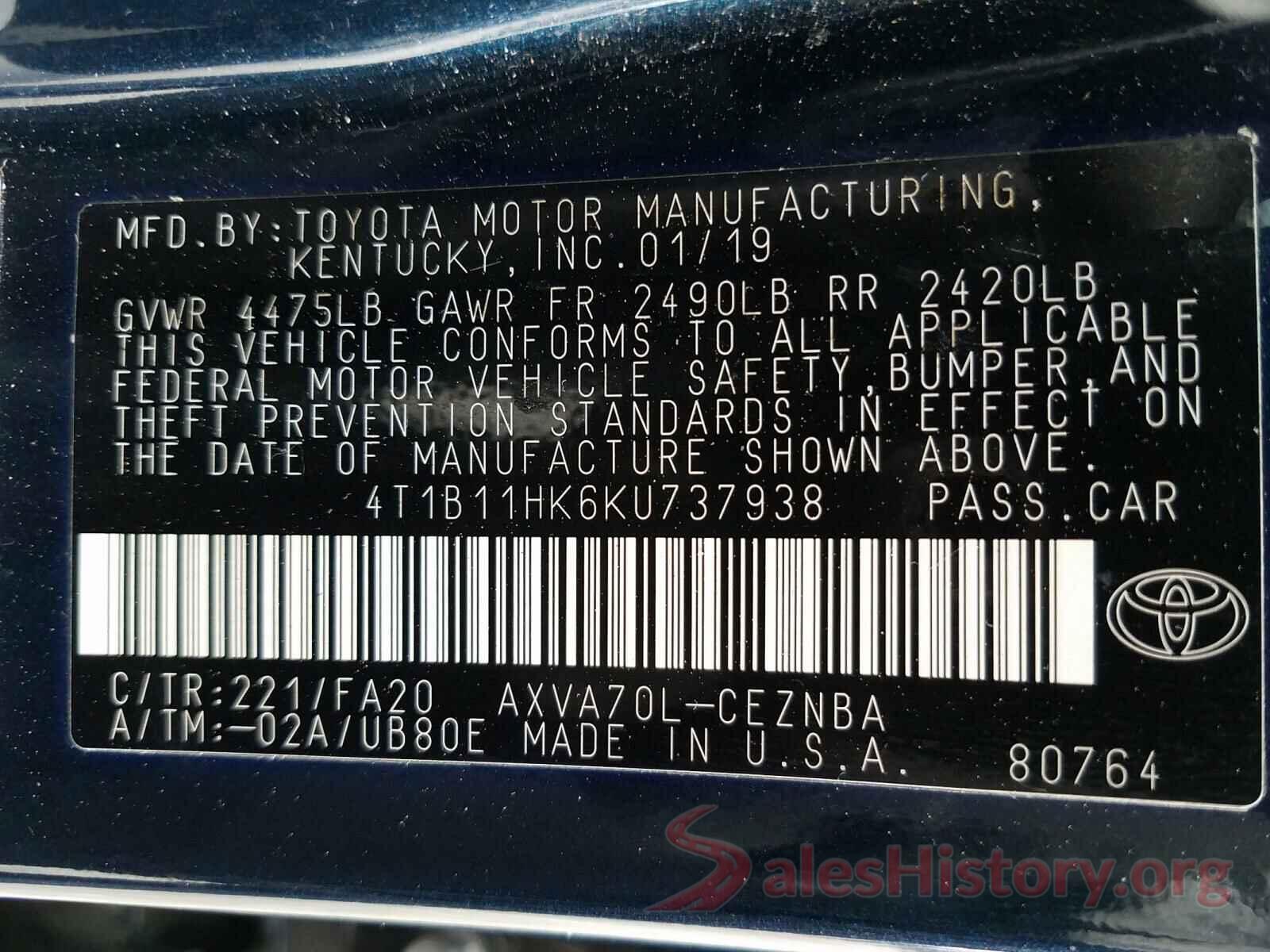 4T1B11HK6KU737938 2019 TOYOTA CAMRY