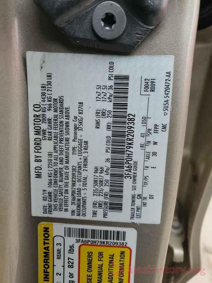 3FA6P0H79KR209382 2019 FORD FUSION