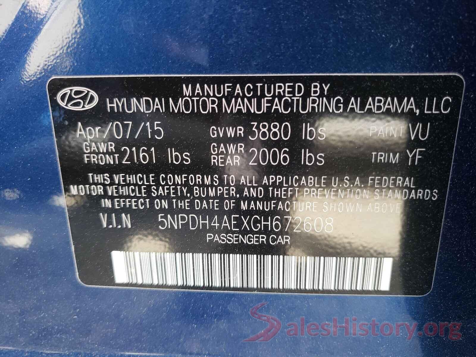 5NPDH4AEXGH672608 2016 HYUNDAI ELANTRA