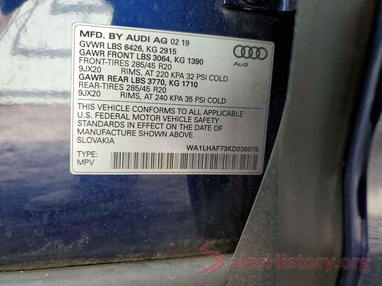 WA1LHAF73KD036075 2019 AUDI Q7