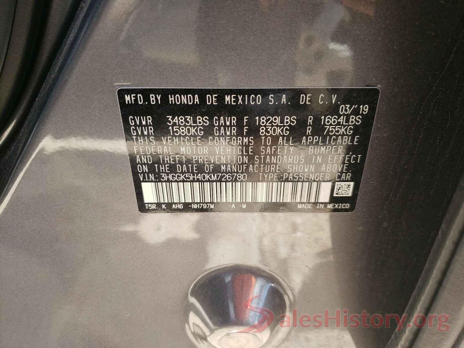 3HGGK5H40KM726780 2019 HONDA FIT