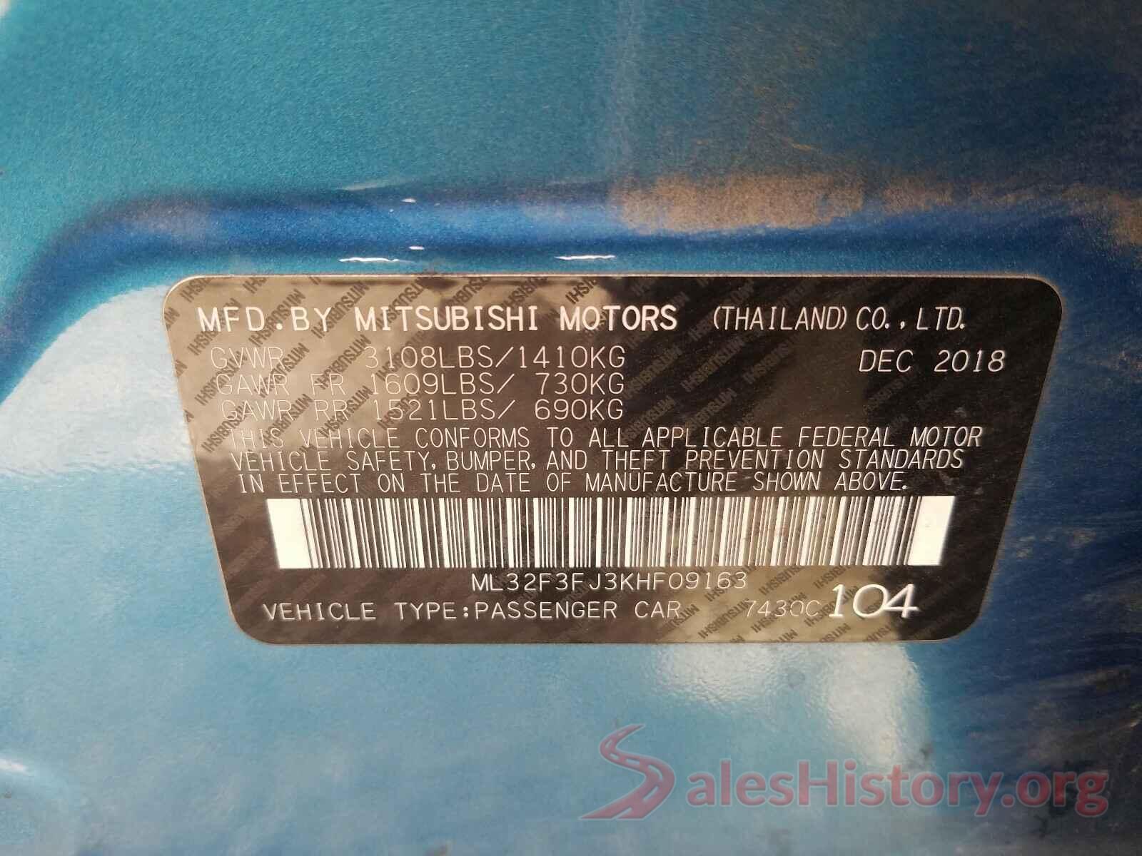 ML32F3FJ3KHF09163 2019 MITSUBISHI MIRAGE