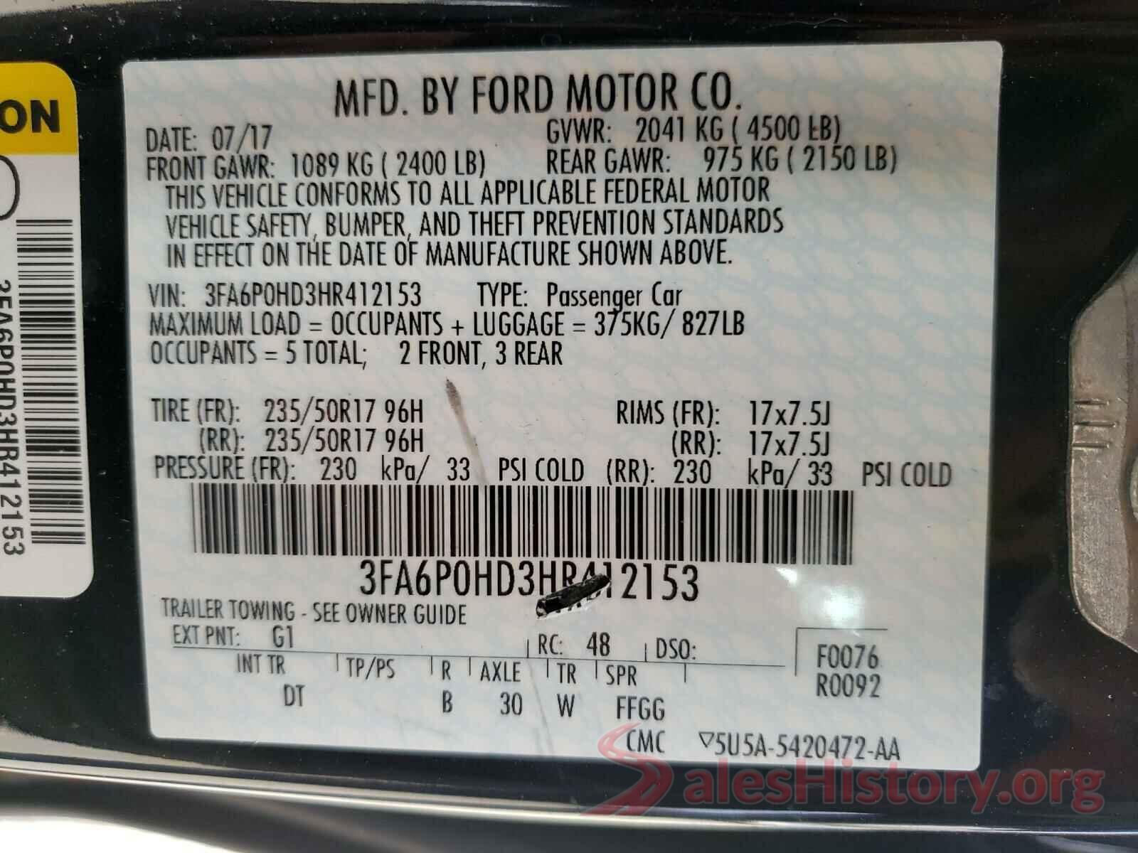 3FA6P0HD3HR412153 2017 FORD FUSION