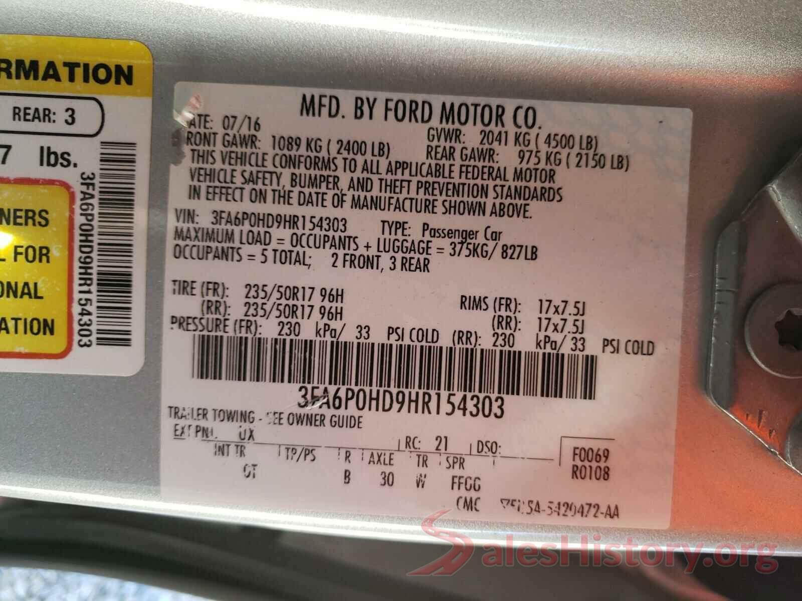 3FA6P0HD9HR154303 2017 FORD FUSION