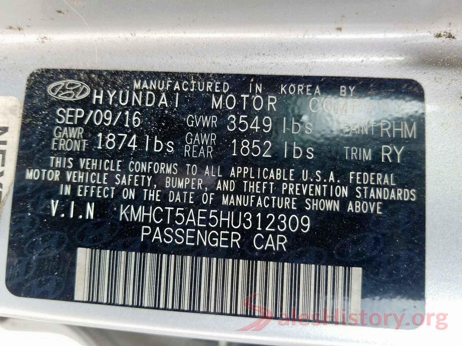 KMHCT5AE5HU312309 2017 HYUNDAI ACCENT