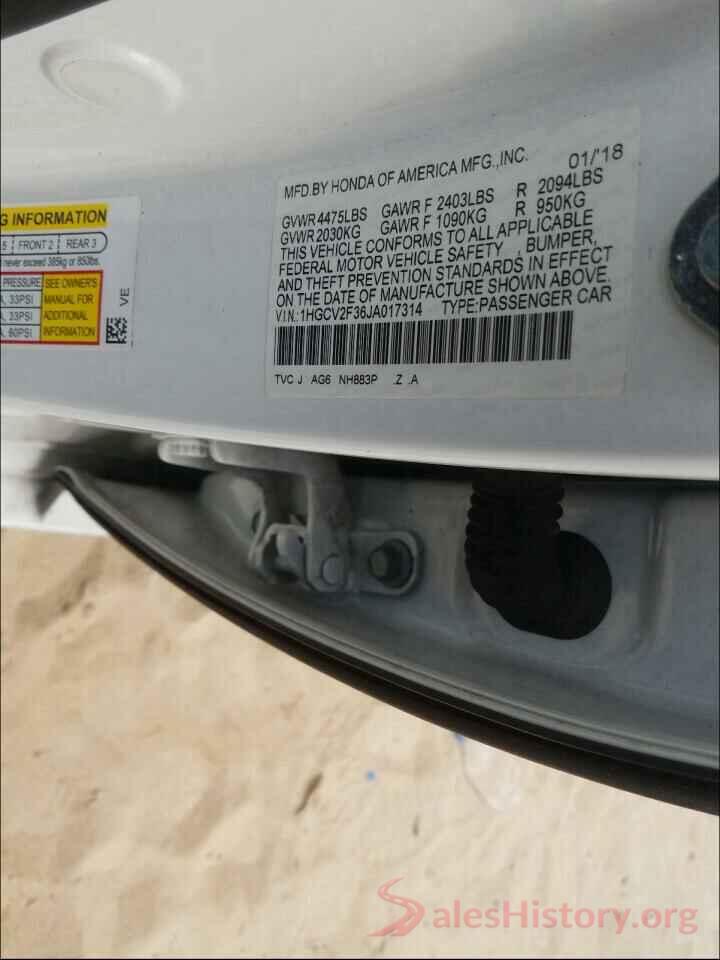 1HGCV2F36JA017314 2018 HONDA ACCORD